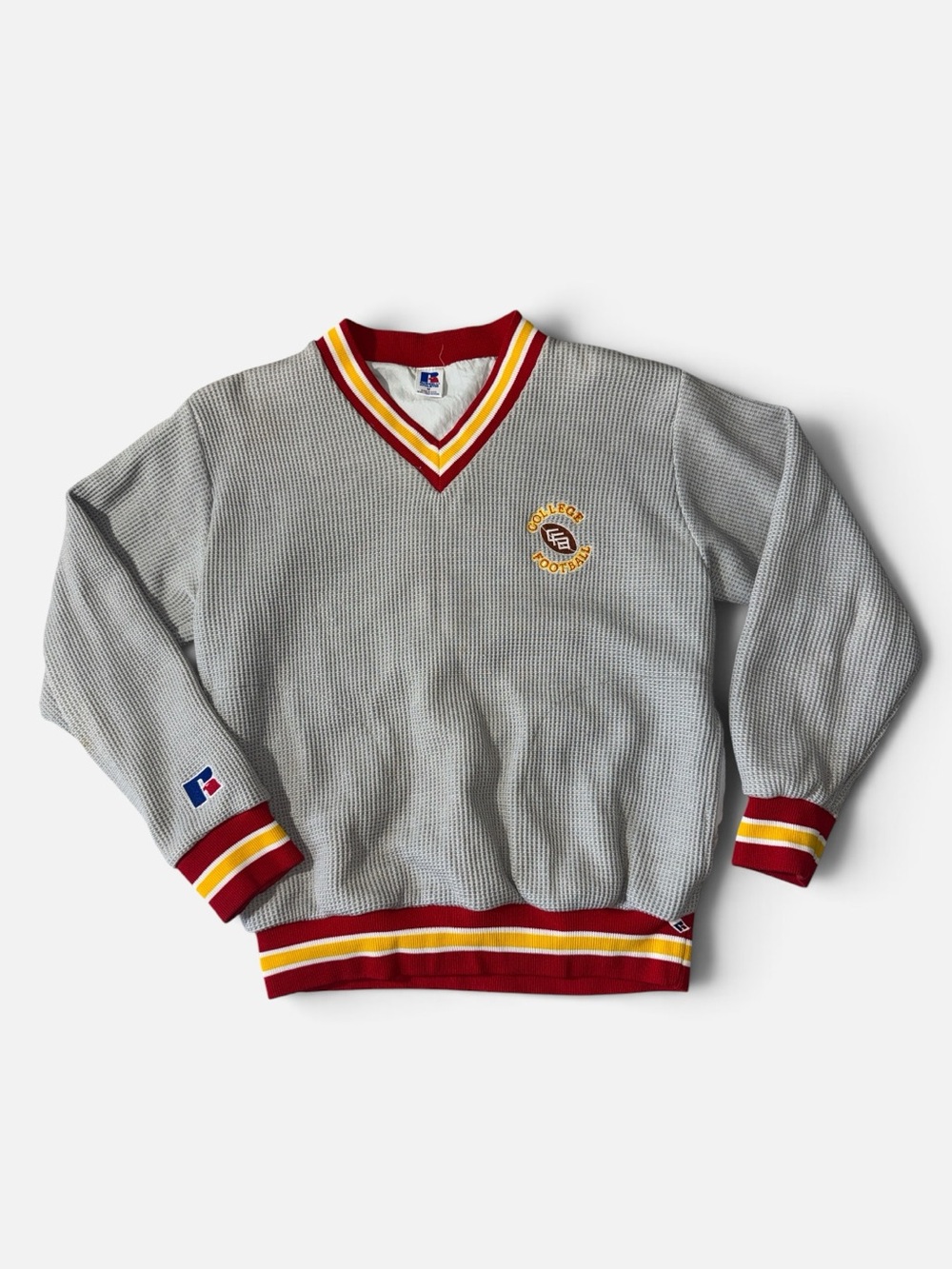 VINTAGE Russell mens M Medium college football grey waffle knit v-neck sweater
